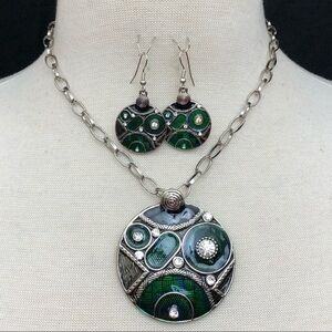 Blue Green Enamel Disk Necklace Earrings Set